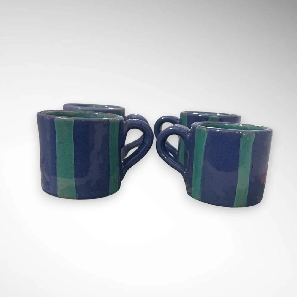 HANDMADE Set of 4 Ceramic Purple and Teal Striped 2